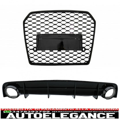 Diffusore mantovana paraurti posteriore e terminali di scarico per audi a6 4g restyling (2015-2018) con griglia anteriore design RS6 solo nero paraurti s-line