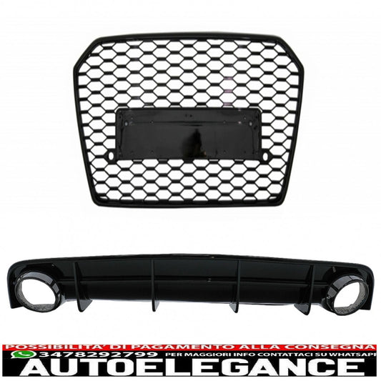 Diffusore mantovana paraurti posteriore e terminali di scarico per audi a6 4g restyling (2015-2018) con griglia anteriore design RS6 solo nero paraurti s-line