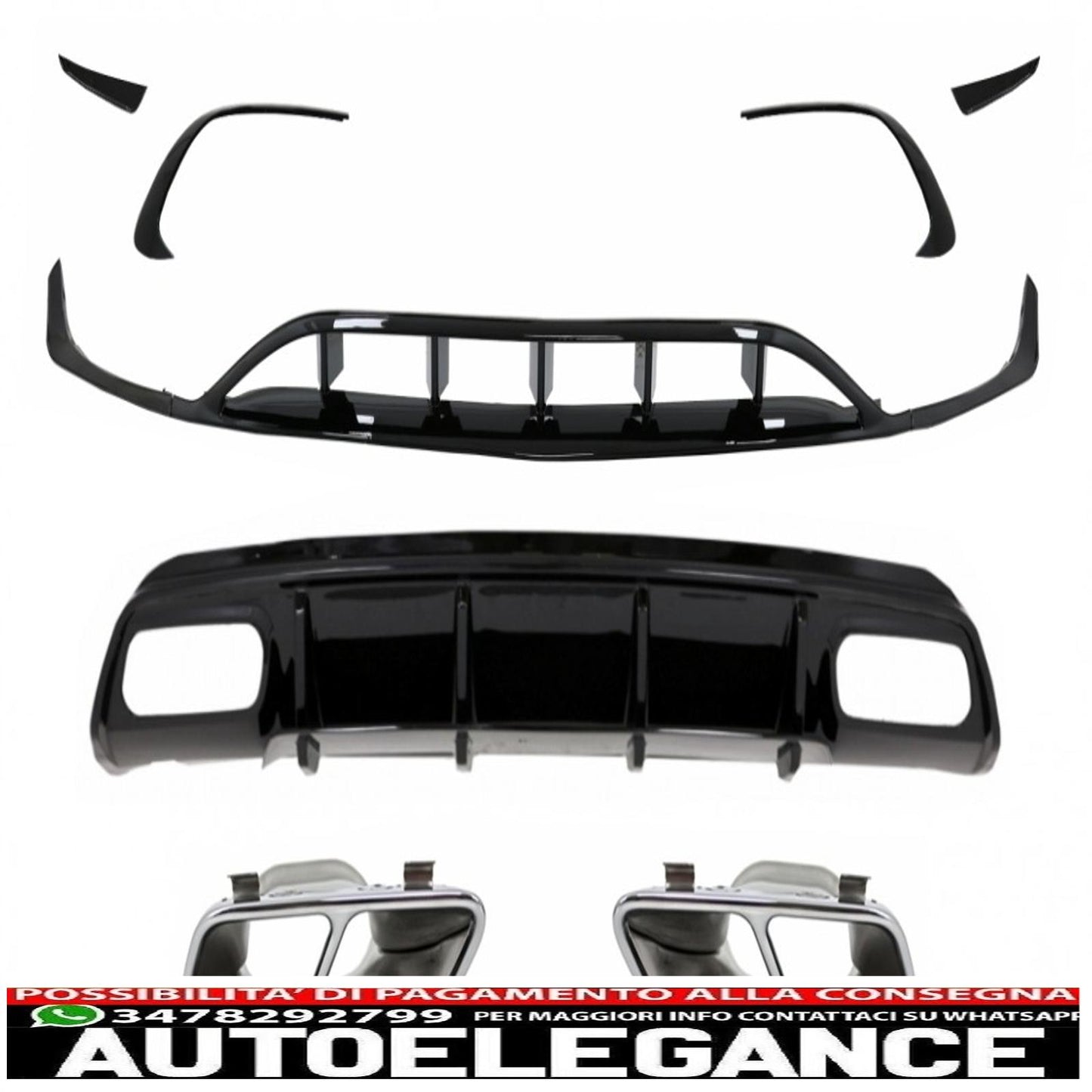 diffusore posteriore black edition con finali marmitta adatto per mercedes classe a w176 (2015-2018) e splitter paraurti anteriore alette aero a45 design restyling
