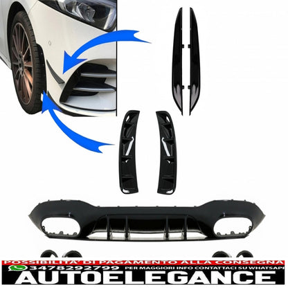 rear diffuser with front side air intakes and side fins suitable for mercedes a-class v177 sedan (2018-up) black exhaust 