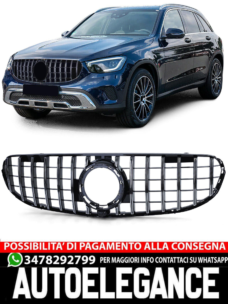 Aftermarket Black Chrome Sport Grille Compatible with Mercedes GLC X253 SUV Without Sports Package 2019 
