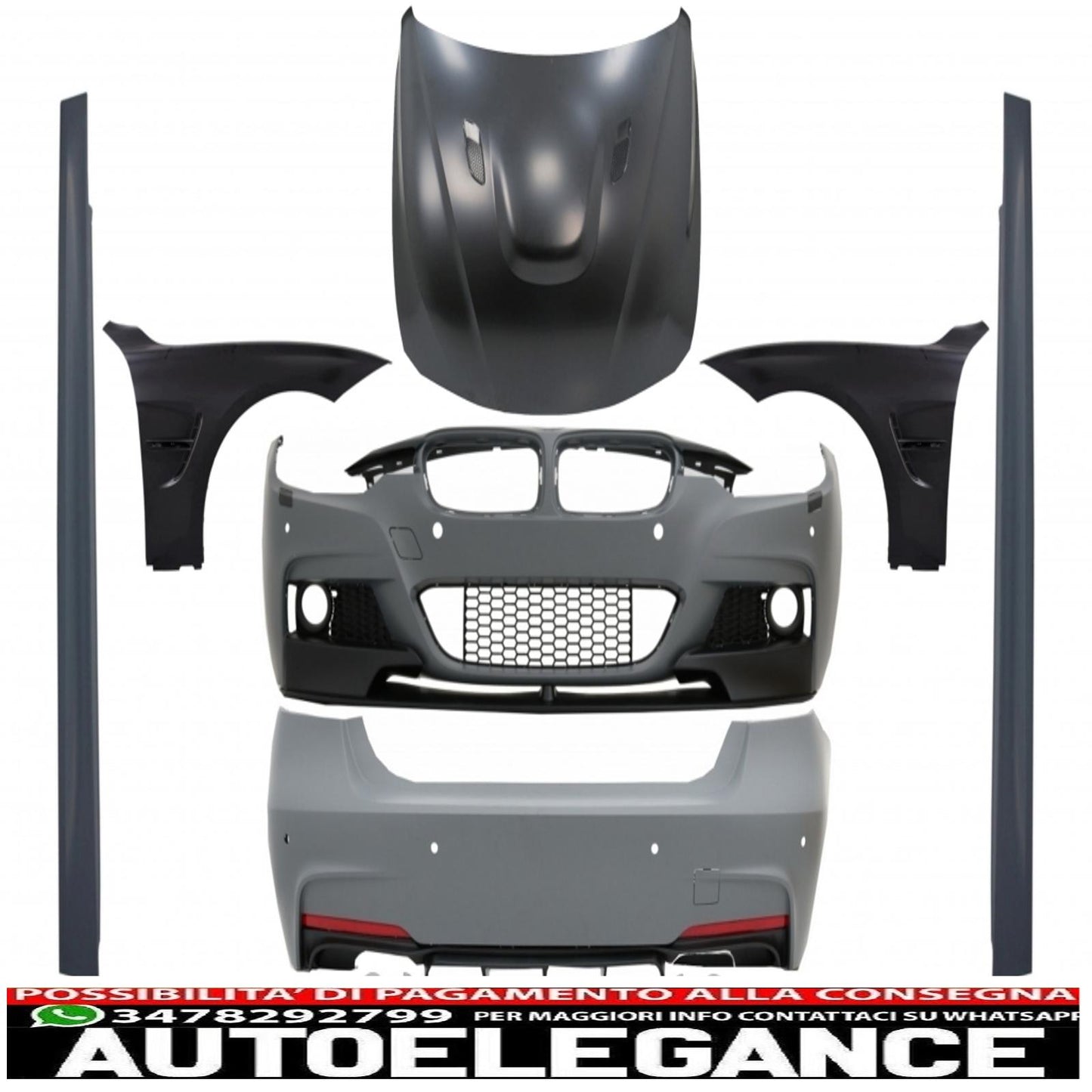 complete body kit suitable for bmw 3 series f30 (2011-2019) m-performance design with double chrome tips and black front fenders and bonnet 