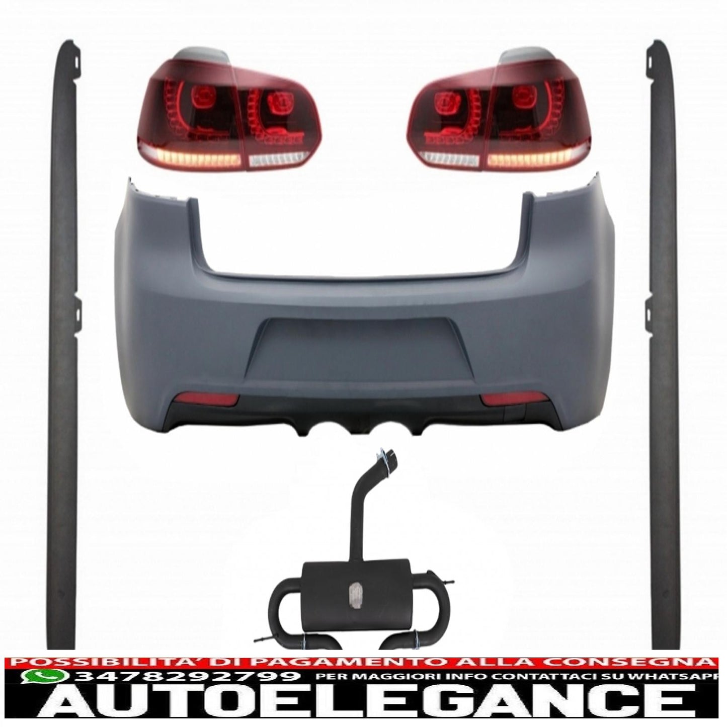 rear bumper with exhaust system suitable for vw golf vi (2008-2013) rear lights design r20 full led cherry red (left and right) and side skirts