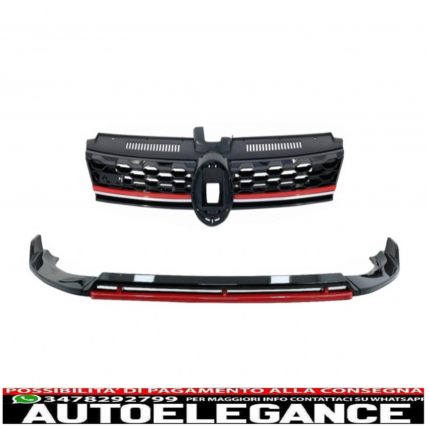 Front Bumper Lip Extension Spoiler with Center Grille Without Badge, Fit for VW Golf 7.5 Facelift (2017-2020) Piano Black &amp; Red 