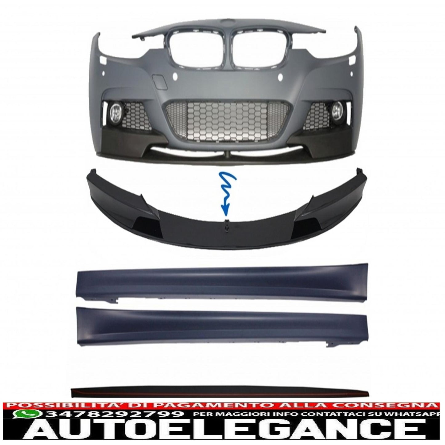 Front Bumper Spoiler with Side Skirts and Additional Lip Extensions, Fit for BMW 3 Series F30 F31 Sedan Touring (2011-2018) M Performance Design 