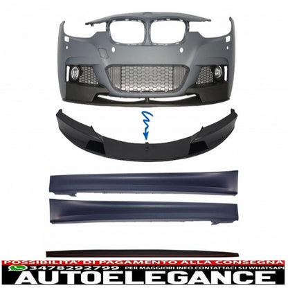 Front Bumper Spoiler with Side Skirts and Additional Lip Extensions, Fit for BMW 3 Series F30 F31 Sedan Touring (2011-2018) M Performance Design 