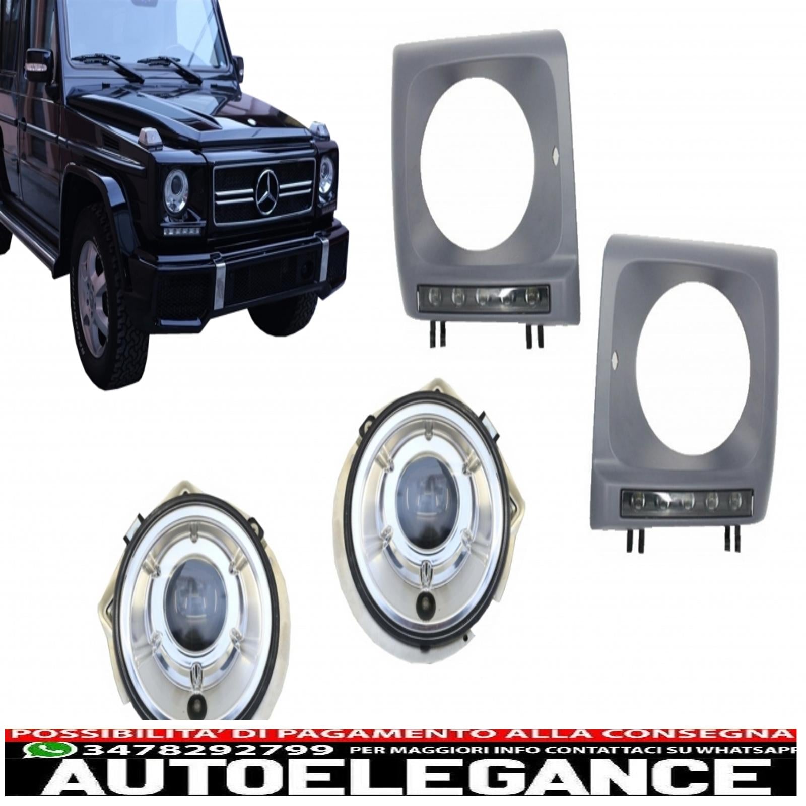 coperture fari con led drl luci diurne nere e fari cromati adatti per mercedes classe g w463 (1989-2012) design g65 AUTOELEGANCERICAMBI