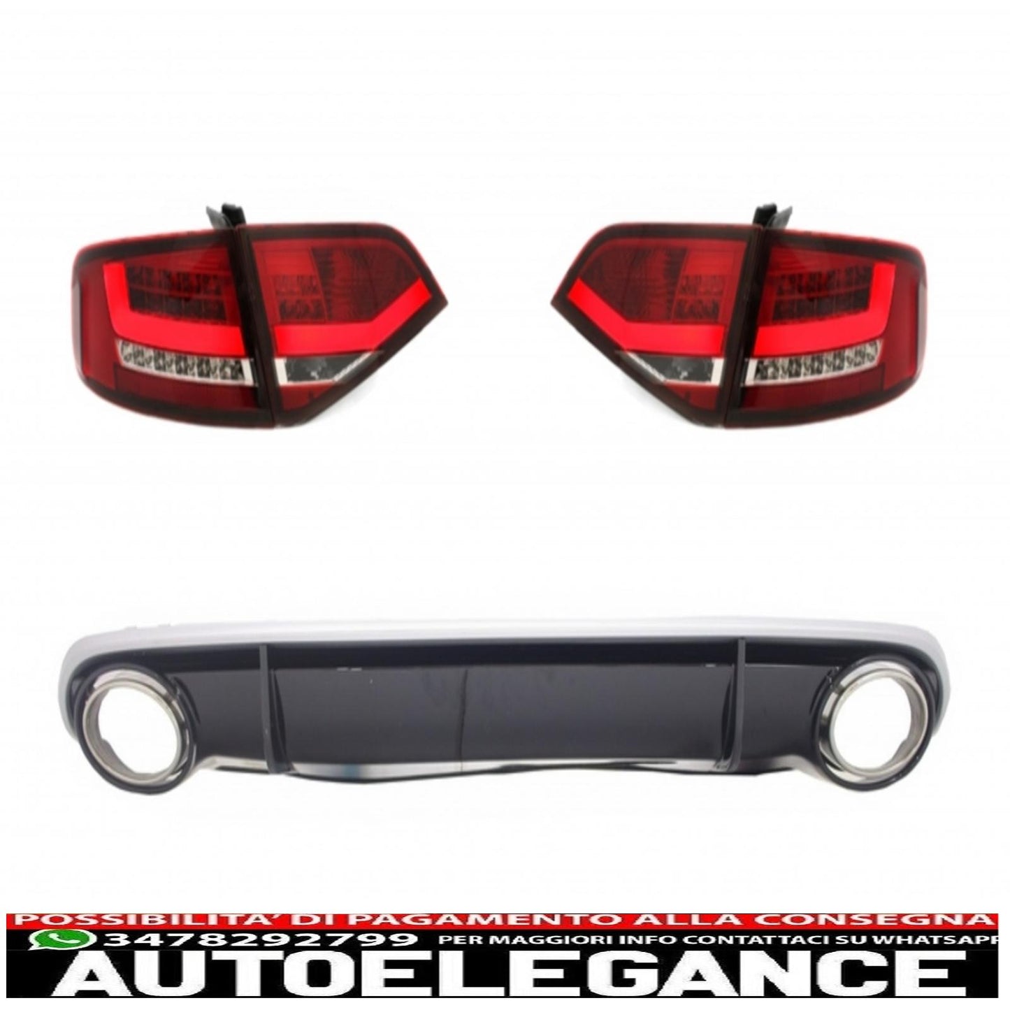 fanali posteriori a led con diffusore posteriore e terminali di scarico adatti per audi a4 b8 8k berlina (2007-2010) design rosso / trasparente rs4