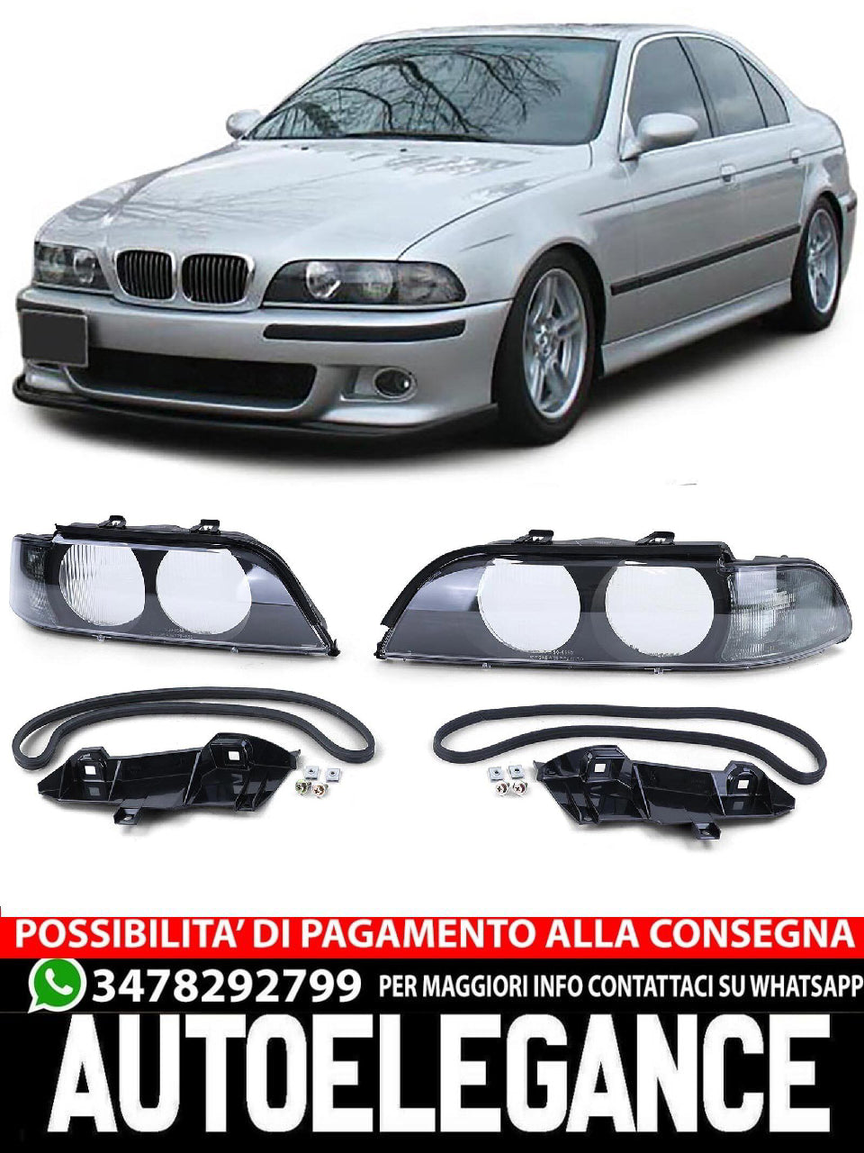 Pair of Headlight Lenses Black Smoke TYC compatible for BMW 5 Series E39 