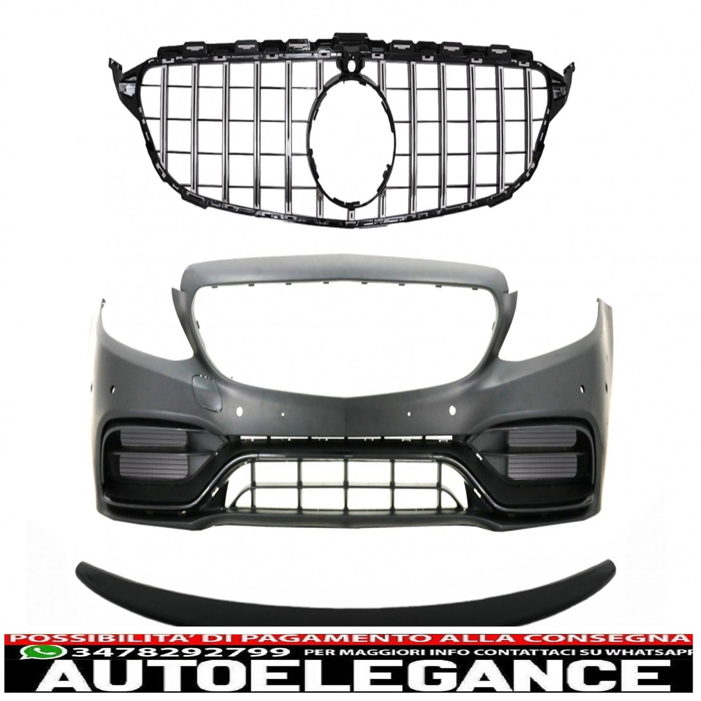 Front bumper with chrome grille and piano black trunk spoiler suitable for mercedes c class c205 (2014-2018) design c63