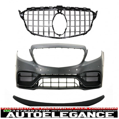 Front bumper with chrome grille and piano black trunk spoiler suitable for mercedes c class c205 (2014-2018) design c63