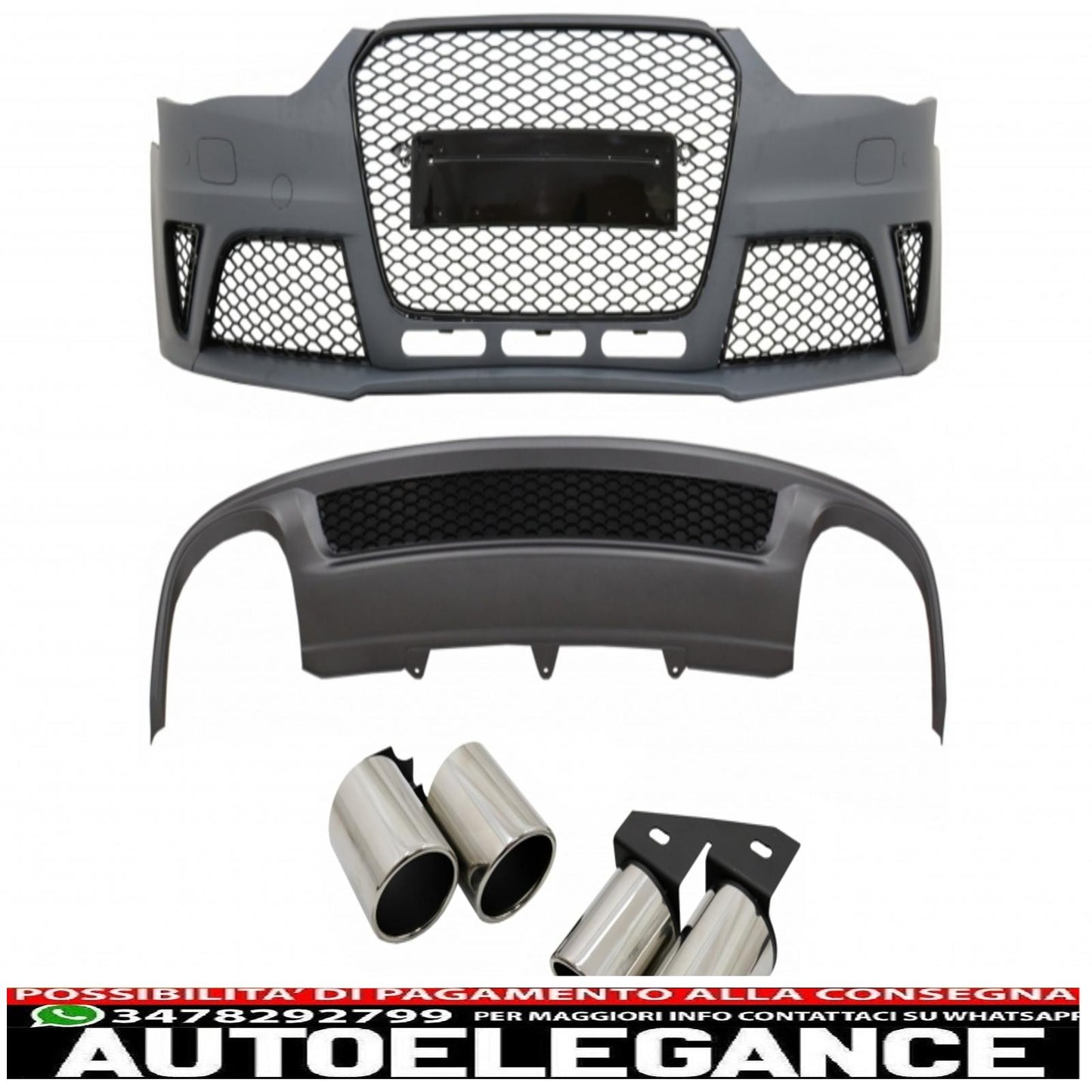 paraurti anteriore adatto per audi a4 b8 facelift (2012-2015) con paraurti posteriore, mantovana, diffusore d'aria e terminali di scarico, terminali di scarico, design RS4