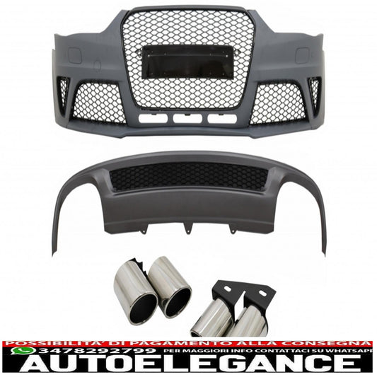 paraurti anteriore adatto per audi a4 b8 facelift (2012-2015) con paraurti posteriore, mantovana, diffusore d'aria e terminali di scarico, terminali di scarico, design RS4