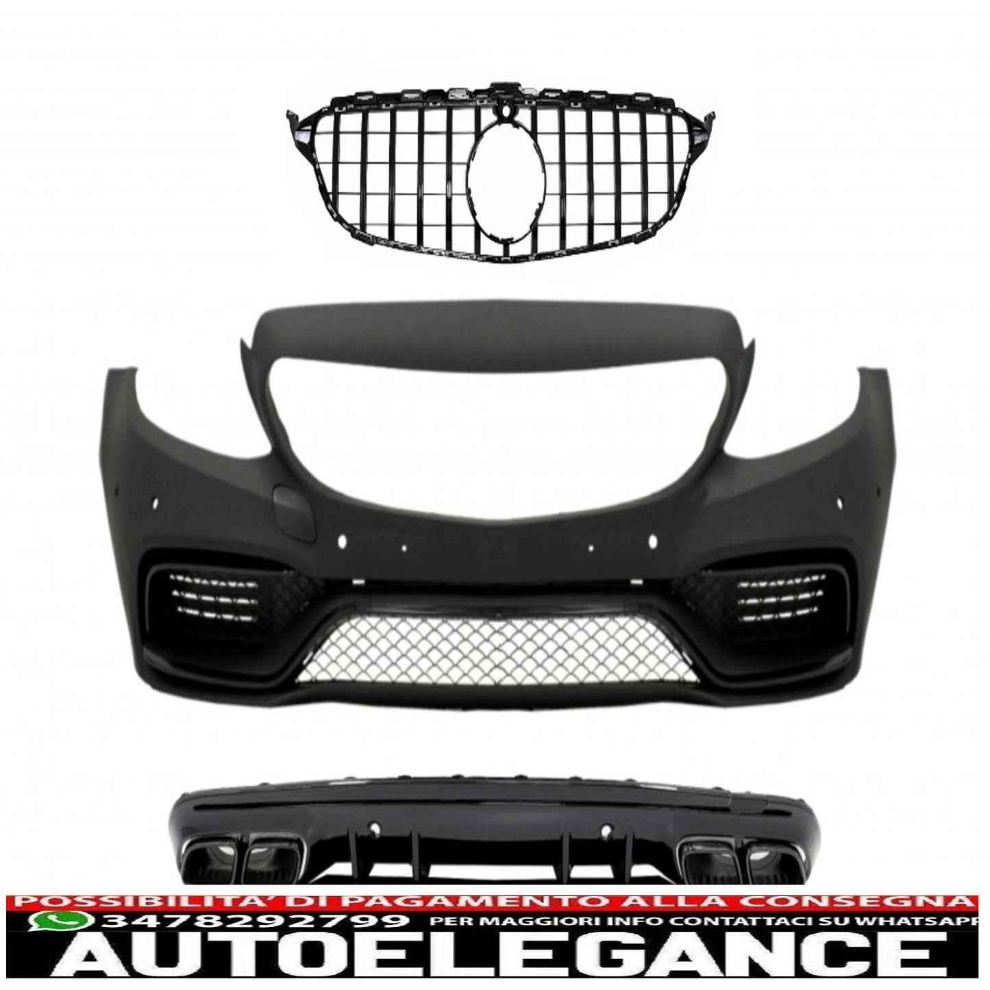 Paraurti anteriore adatto per mercedes classe c w205 s205 (2014-2018) con griglia e diffusore design c63 nero