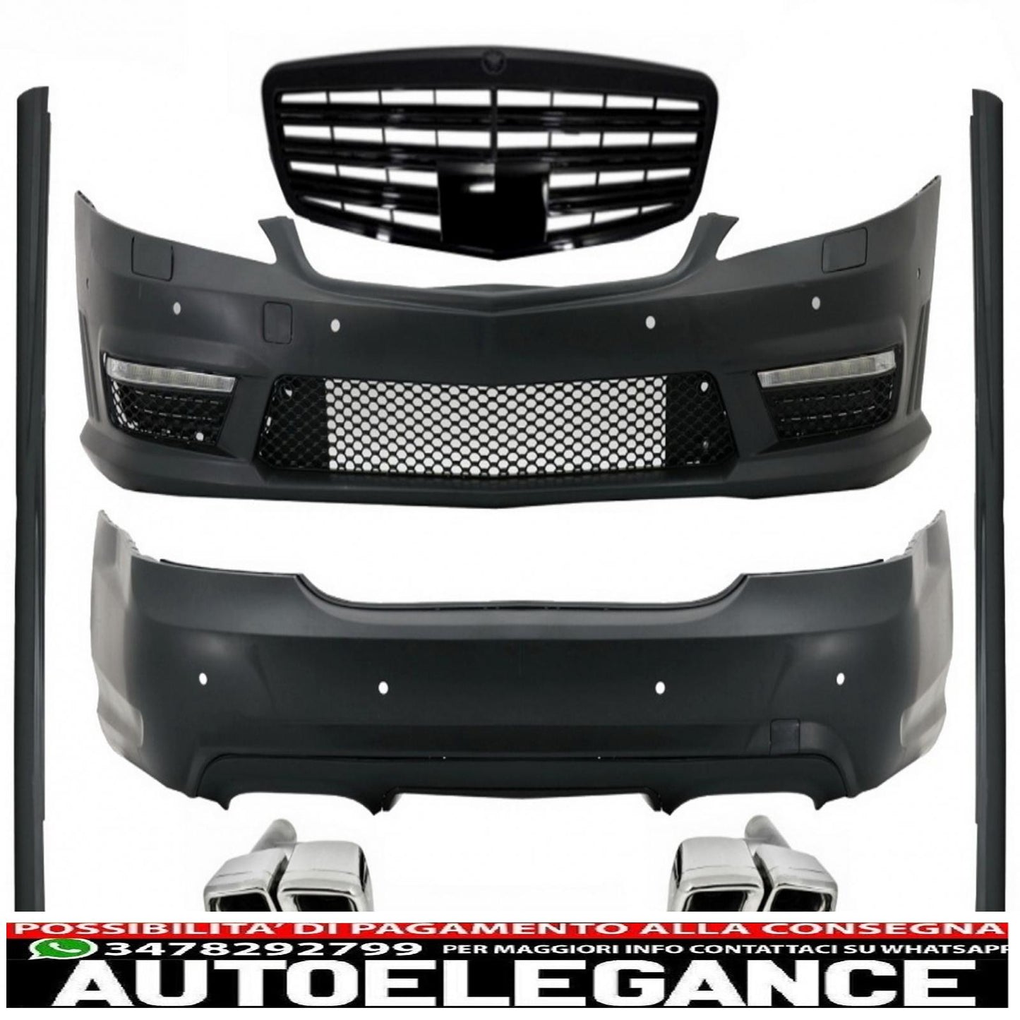 lwb body kit suitable for mercedes s class w221 (2005-2011) with central grille piano black and exhaust tips exhaust tips