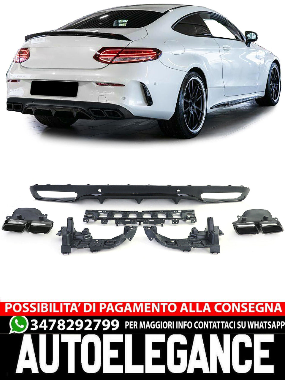 Diffusore Posteriore Sportivo con Terminali di Scarico Nero per Mercedes C C205 Coupé 15-18