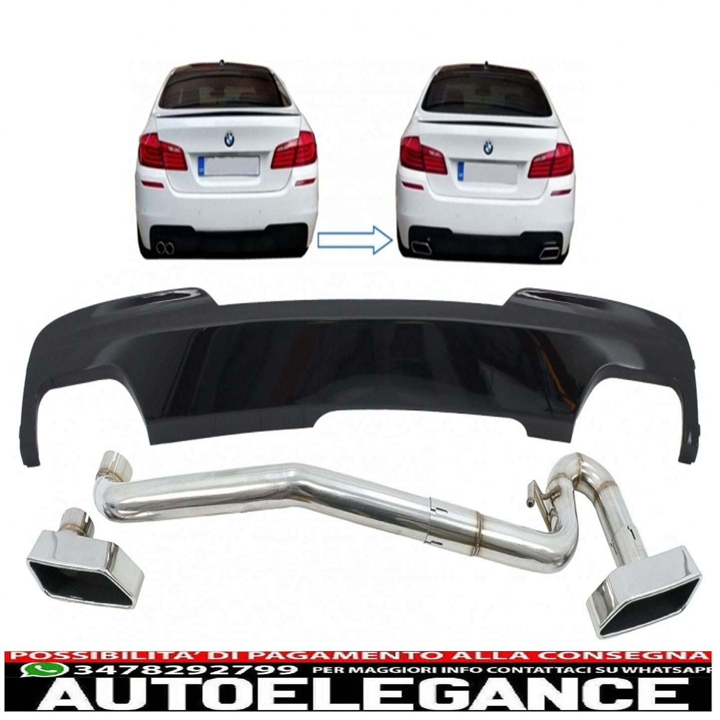 diffusore d'aria nero brillante adatto per bmw serie 5 f10 (2011-2017) m-technik 550i design con impianto di scarico