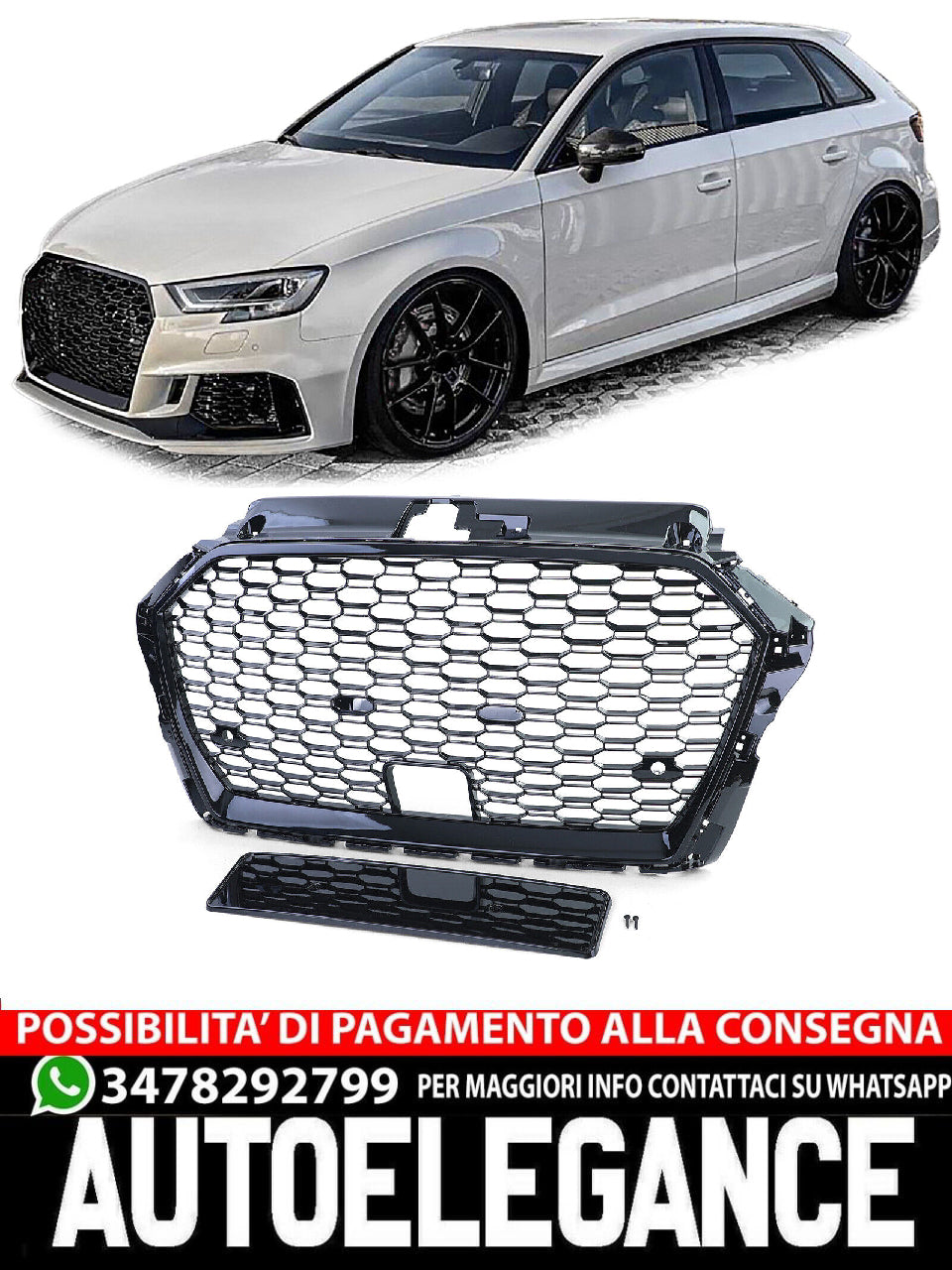Griglia sportiva Griglia a nido d'ape nera lucida compatibile per Audi A3 8V 16-20 con ACC