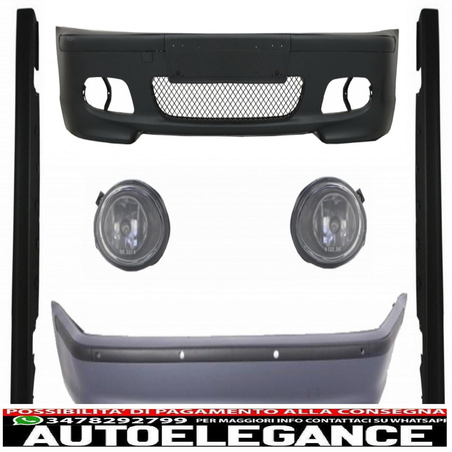 kit carrozzeria adatto per bmw serie 3 e46 berlina (1998-2004) paraurti con minigonne laterali in pdc e fendinebbia design m-technik cromato trasparente