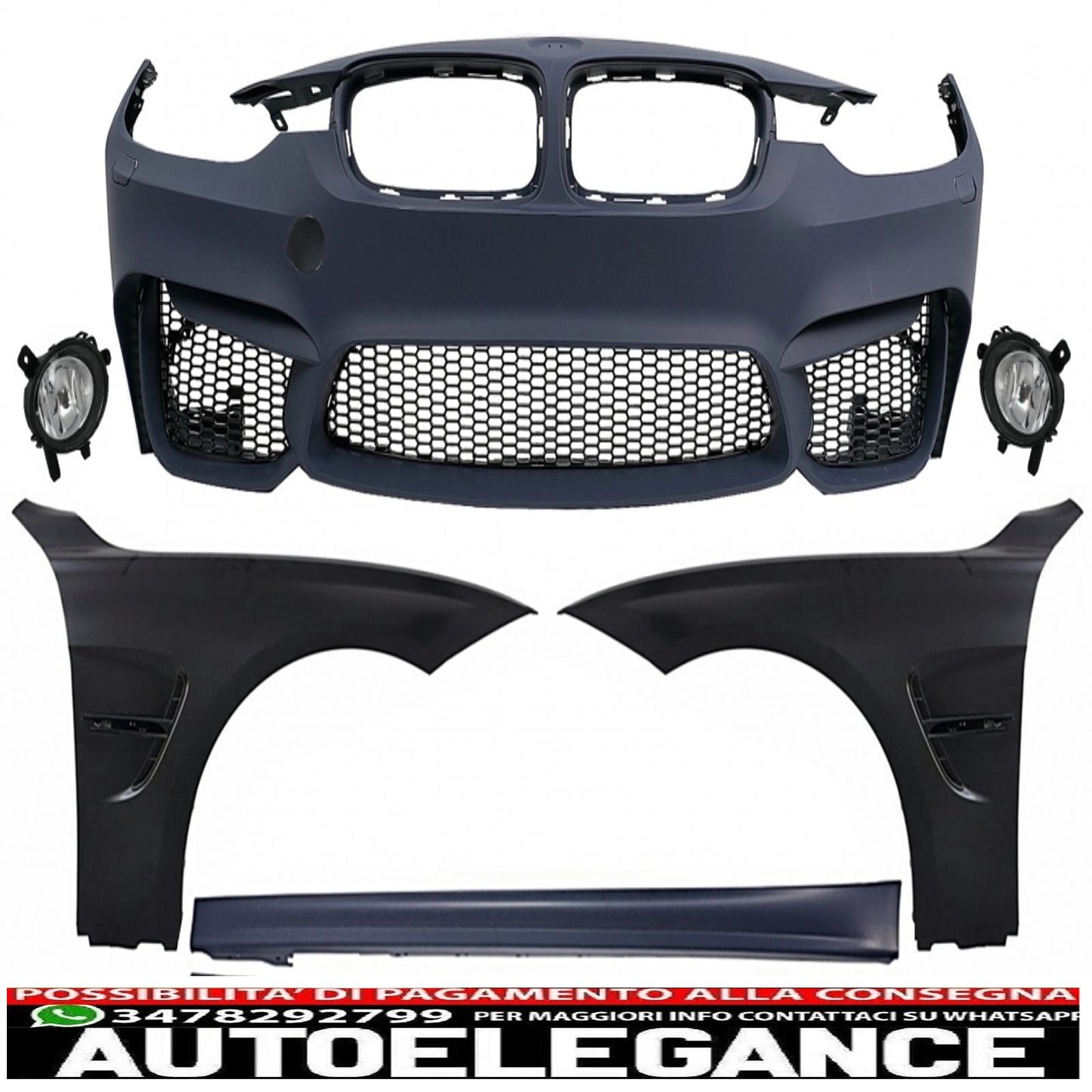 kit carrozzeria adatto per paraurti BMW serie 3 F30 F31 (2011-2019) con parafanghi anteriori e minigonne laterali design M3
