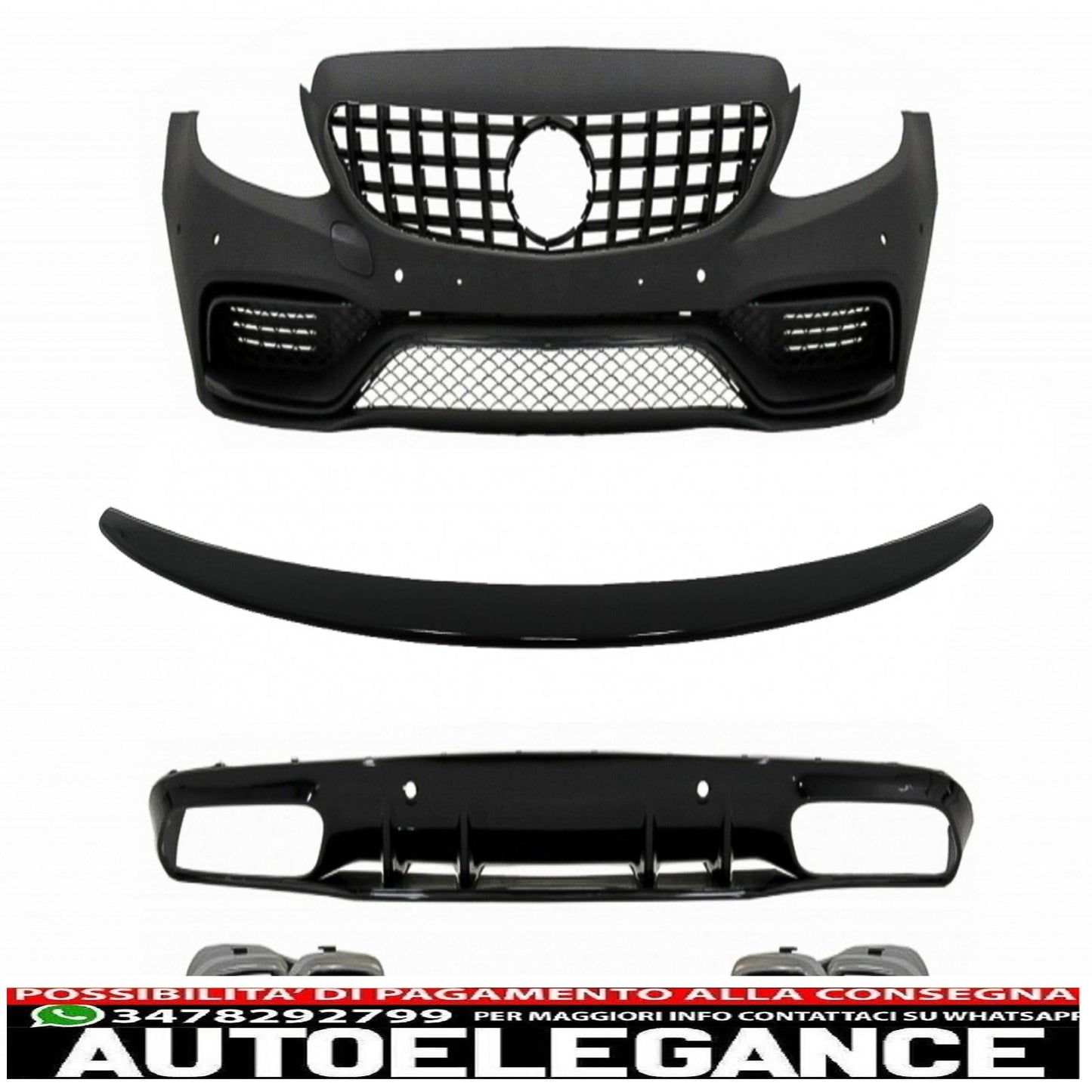 paraurti anteriore adatto per mercedes classe c c205 a205 coupe cabriolet (2014-2019) griglia anteriore gt-r panamericana con spoiler per bagagliaio e paraurti posteriore diffusore a mantovana design c63s punte argentate