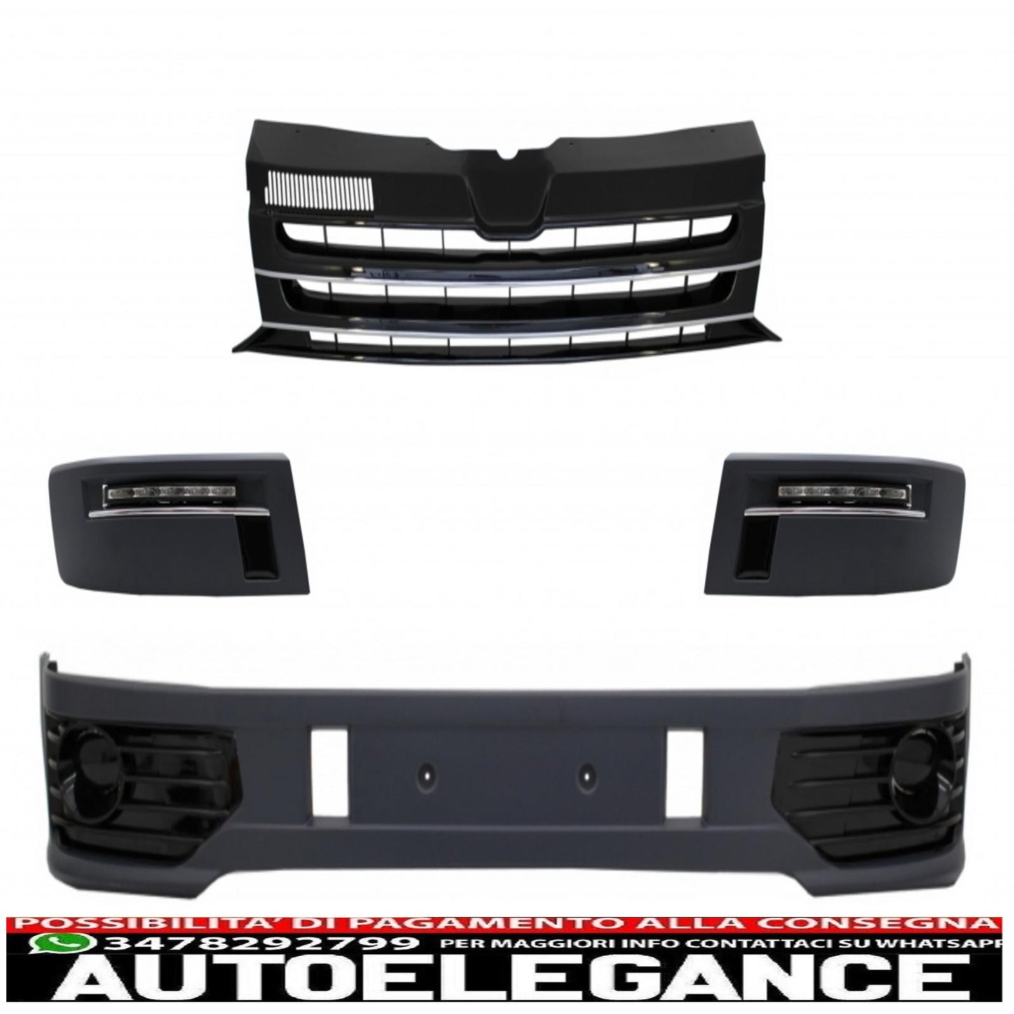 Front bumper spoiler additional with LED daytime running lights suitable for VW Transporter Multivan Caravelle T5 T5.1 Facelift (2010-2015) and front grille without badge, Sportline design.