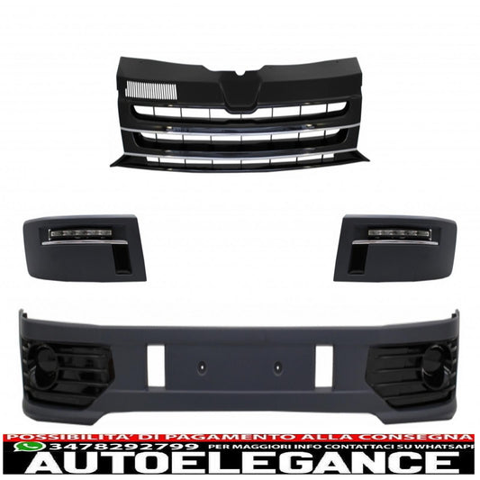 Front bumper spoiler additional with LED daytime running lights suitable for VW Transporter Multivan Caravelle T5 T5.1 Facelift (2010-2015) and front grille without badge, Sportline design.