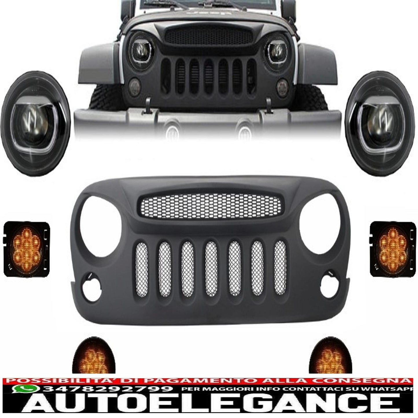 Front Mount Grille and LED Lights Fit for Jeep Wrangler Rubicon JK (2007-2017) Angry Bird Design Spectre Mask