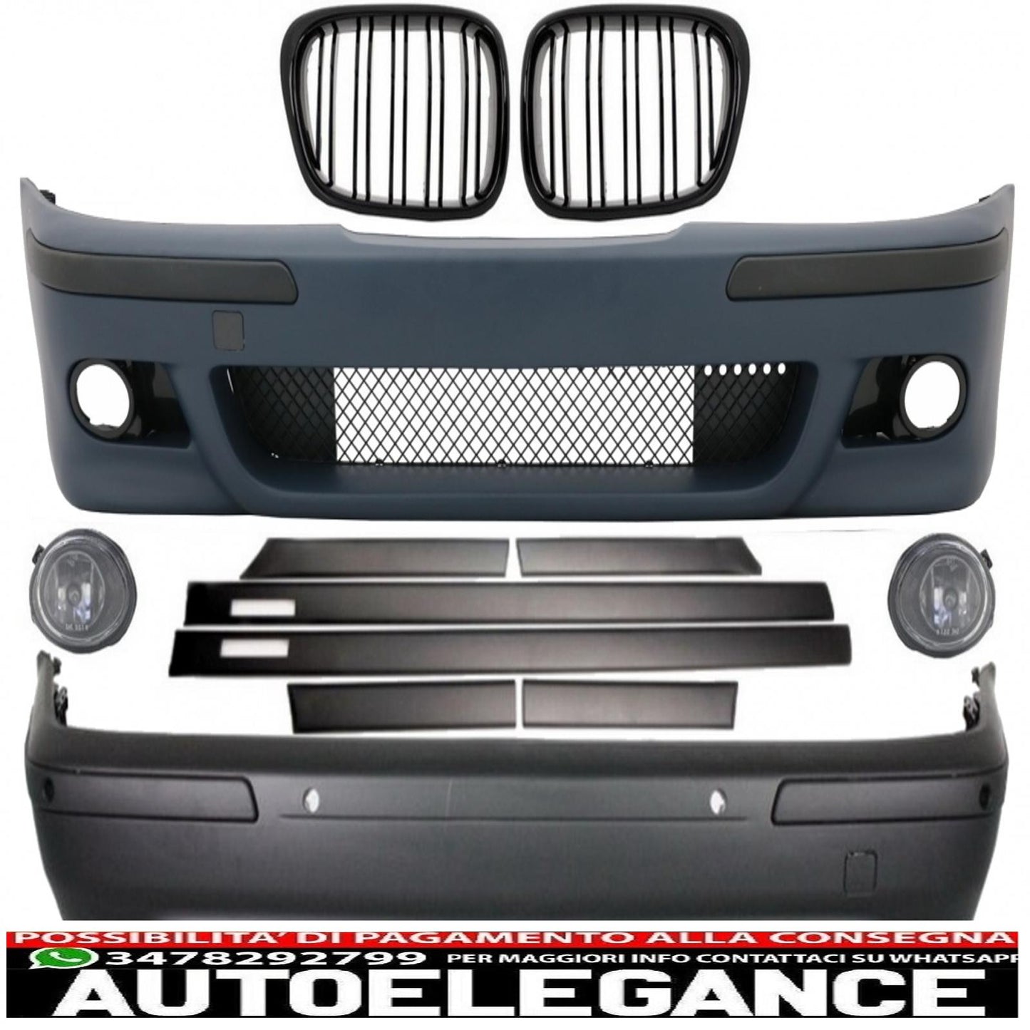 body kit suitable for bmw 5 series e39 (1997-2003) double outlet m5 design with pdc+chrome grog lights and piano black central grilles+door moldings 