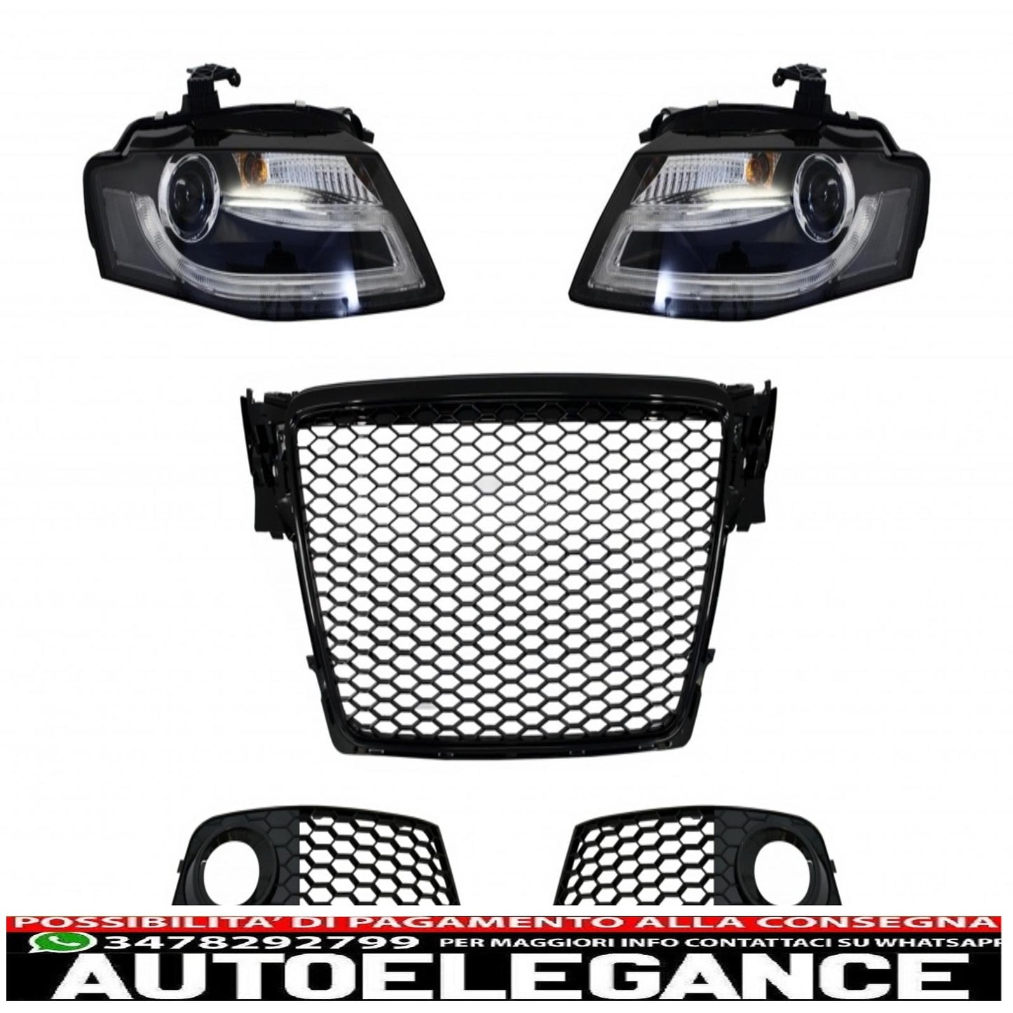 griglia anteriore senza badge con coperture per fendinebbia e fari drl a led adatta per audi a4 b8 8k (2008-2011) rs design piano black