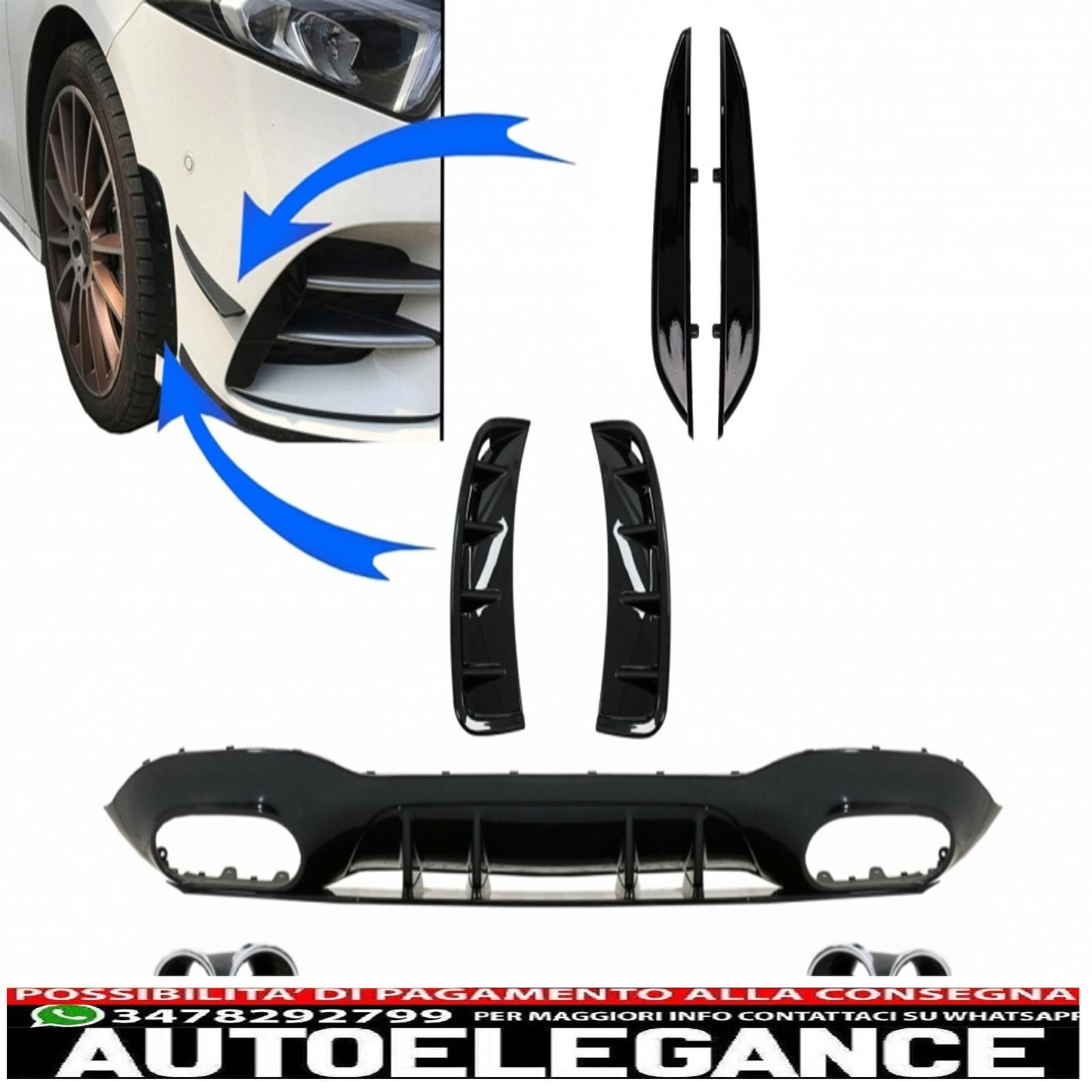rear diffuser with front side air intakes and side fins suitable for mercedes a-class v177 sedan (2018-up) chrome exhaust