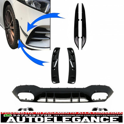 rear diffuser with front side air intakes and side fins suitable for mercedes a-class v177 sedan (2018-up) chrome exhaust