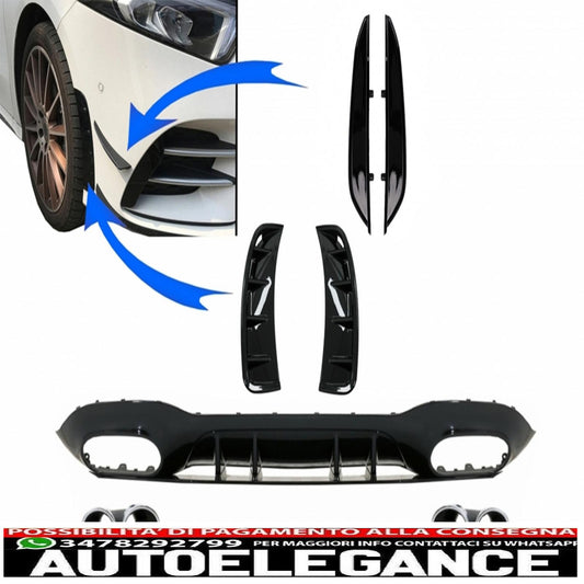 rear diffuser with front side air intakes and side fins suitable for mercedes a-class v177 sedan (2018-up) chrome exhaust