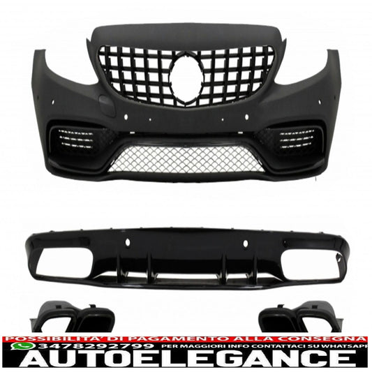 paraurti anteriore con griglia anteriore gt-r adatto per mercedes classe c c205 a205 coupe cabriolet (2014-2019) e diffusore mantovana paraurti posteriore design c63s tutto nero