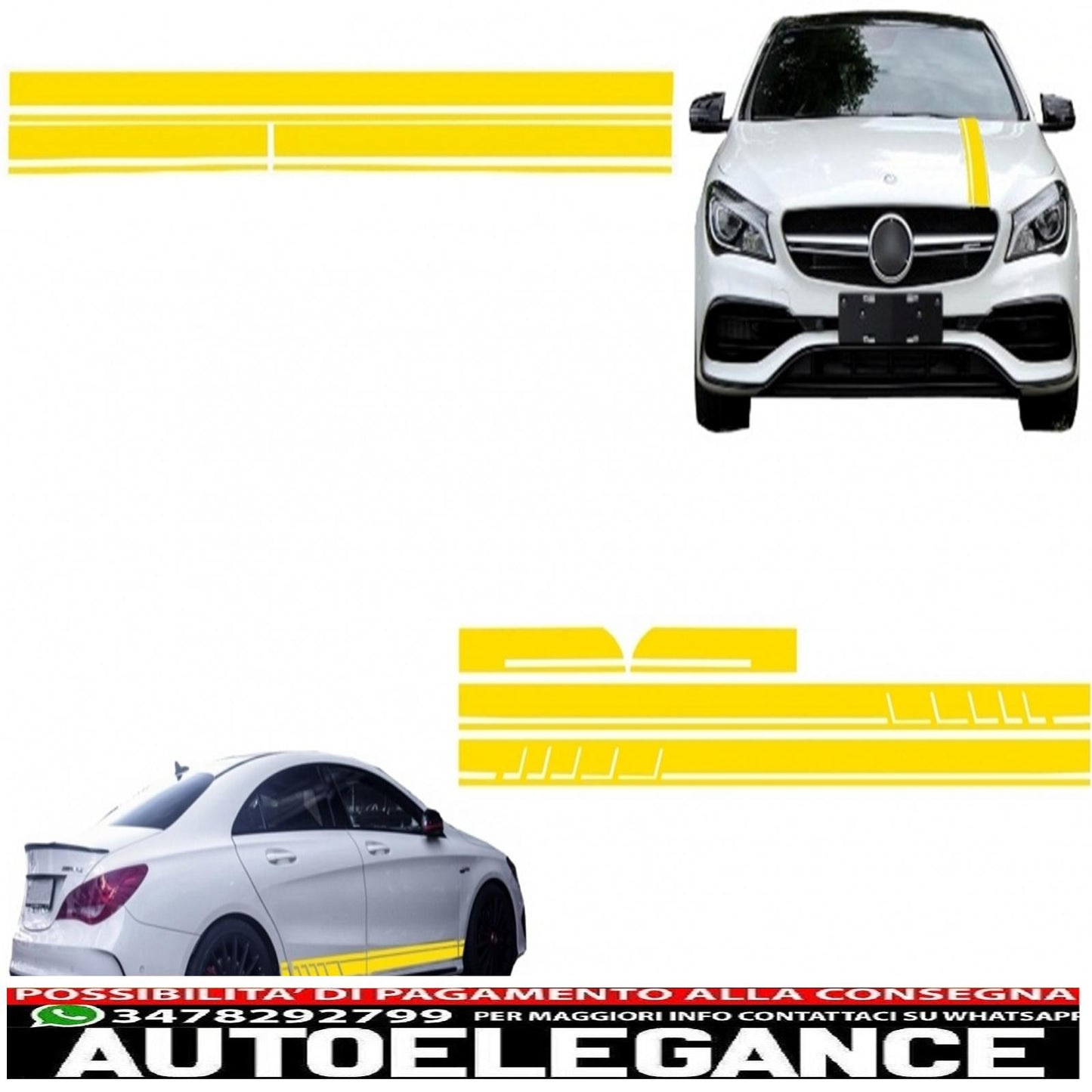 set of side and top stickers for bonnet, roof and tailgate, matt yellow, suitable for Mercedes CLA W117 C117 X117 (13-16) W176 (12-18) A45 design edition 1 