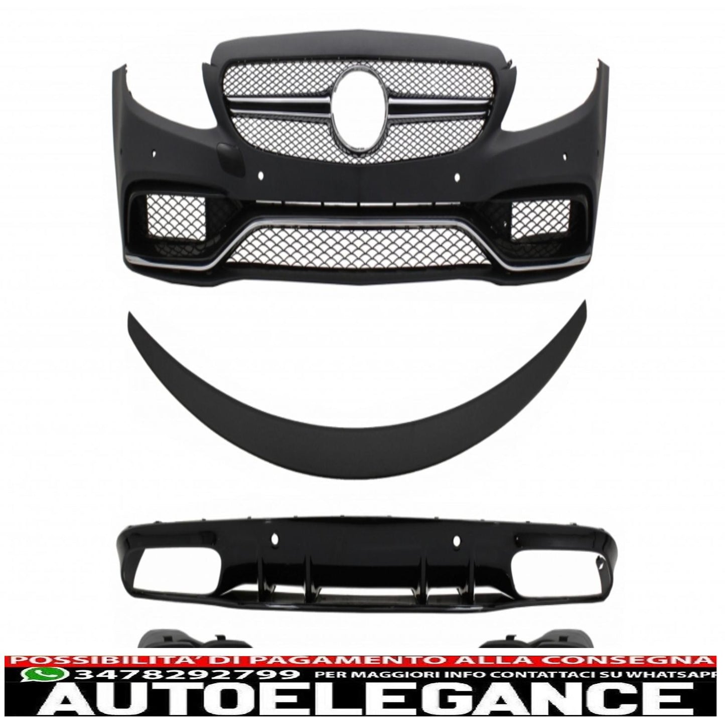 Paraurti anteriore adatto per mercedes classe c c205 a205 coupe cabriolet (2014-2019) con spoiler per bagagliaio e diffusore a mantovana per paraurti posteriore design c63s tutto nero