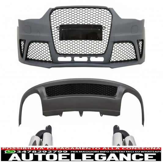 paraurti anteriore adatto per audi a4 b8 facelift (2012-2015) con paraurti posteriore, mantovana, diffusore d'aria e terminali di scarico, terminali di scarico, design RS4