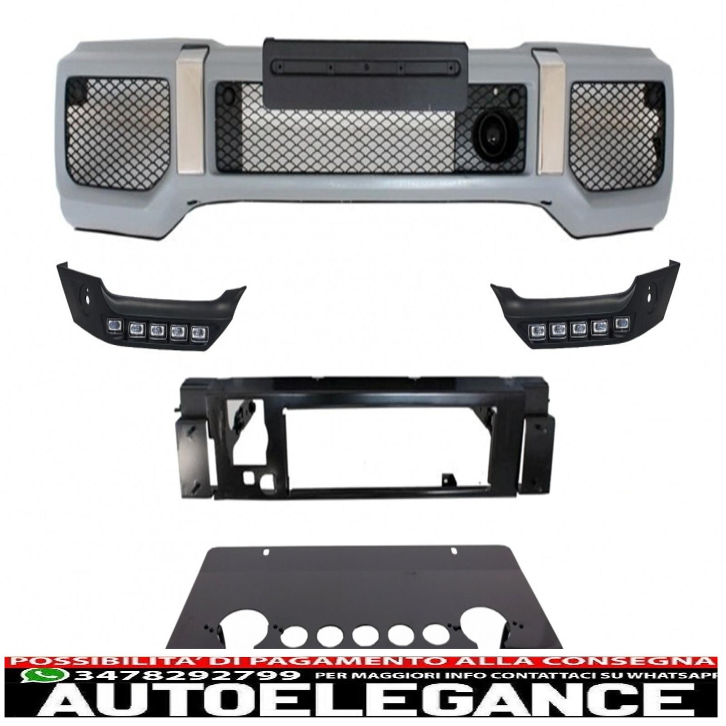 Gloss Black Front Bumper Skid Plate Off Road Spoiler LED DRL Extension Fit For Mercedes G Class W463 (1989-2016) B-Design 