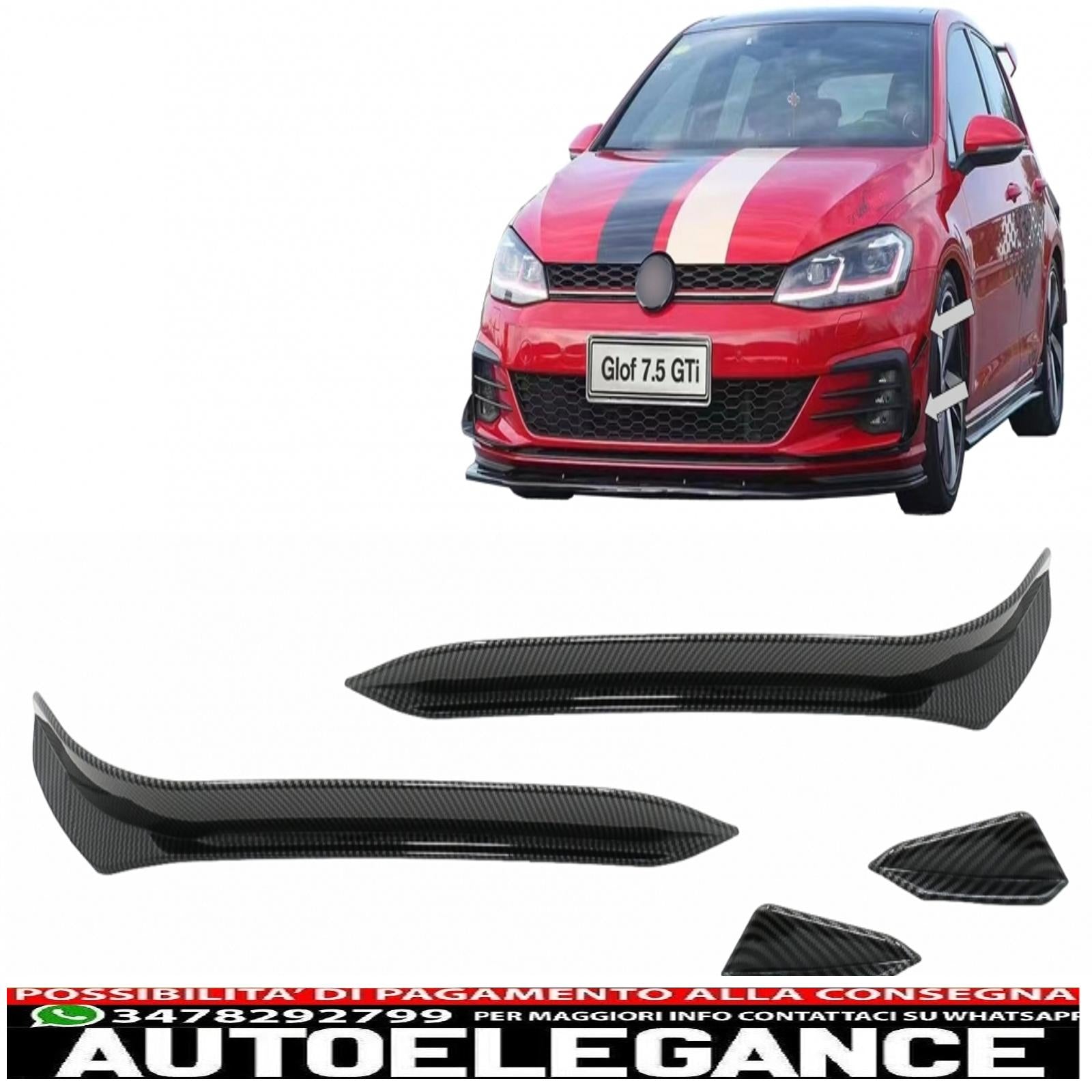 Alette laterali paraurti anteriore adatte per vw golf 7.5 gti 5g hatchback (2017-2020) carbon look AUTOELEGANCERICAMBI