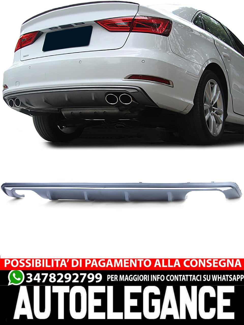 Inserto diffusore posteriore sportivo aftermarket compatibile con Audi A3 8V Berlina Convertibile 12-16 senza S-Line