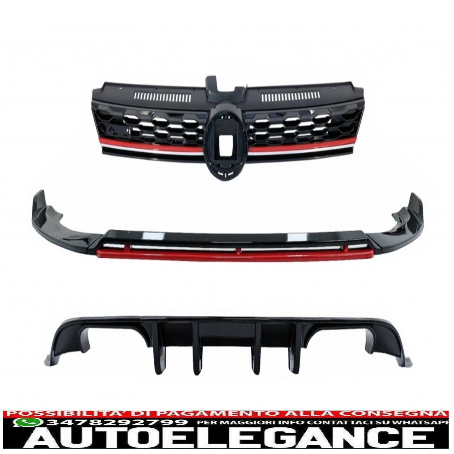 Spoiler di estensione del labbro del paraurti anteriore con griglia centrale senza badge e diffusore posteriore adatto per VW Golf 7.5 Facelift (2017-2020) Piano Black & Red