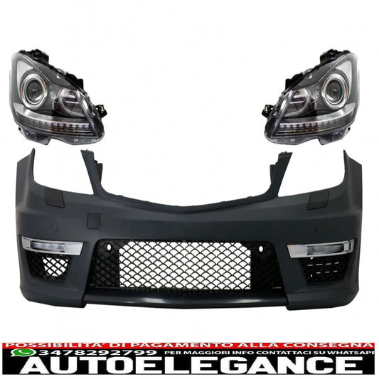 paraurti anteriore con fari drl led adatto per mercedes classe c w204 (2012-2014) c63 restyling design bi-xeno