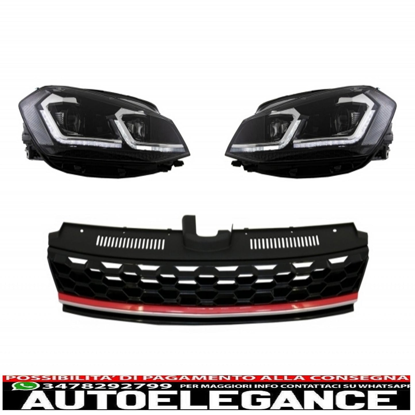 central grille without badge with led headlights on the right sequential dynamic cornering lights suitable for vw golf 7.5 vii facelift (2017-up) gti design red and chrome
