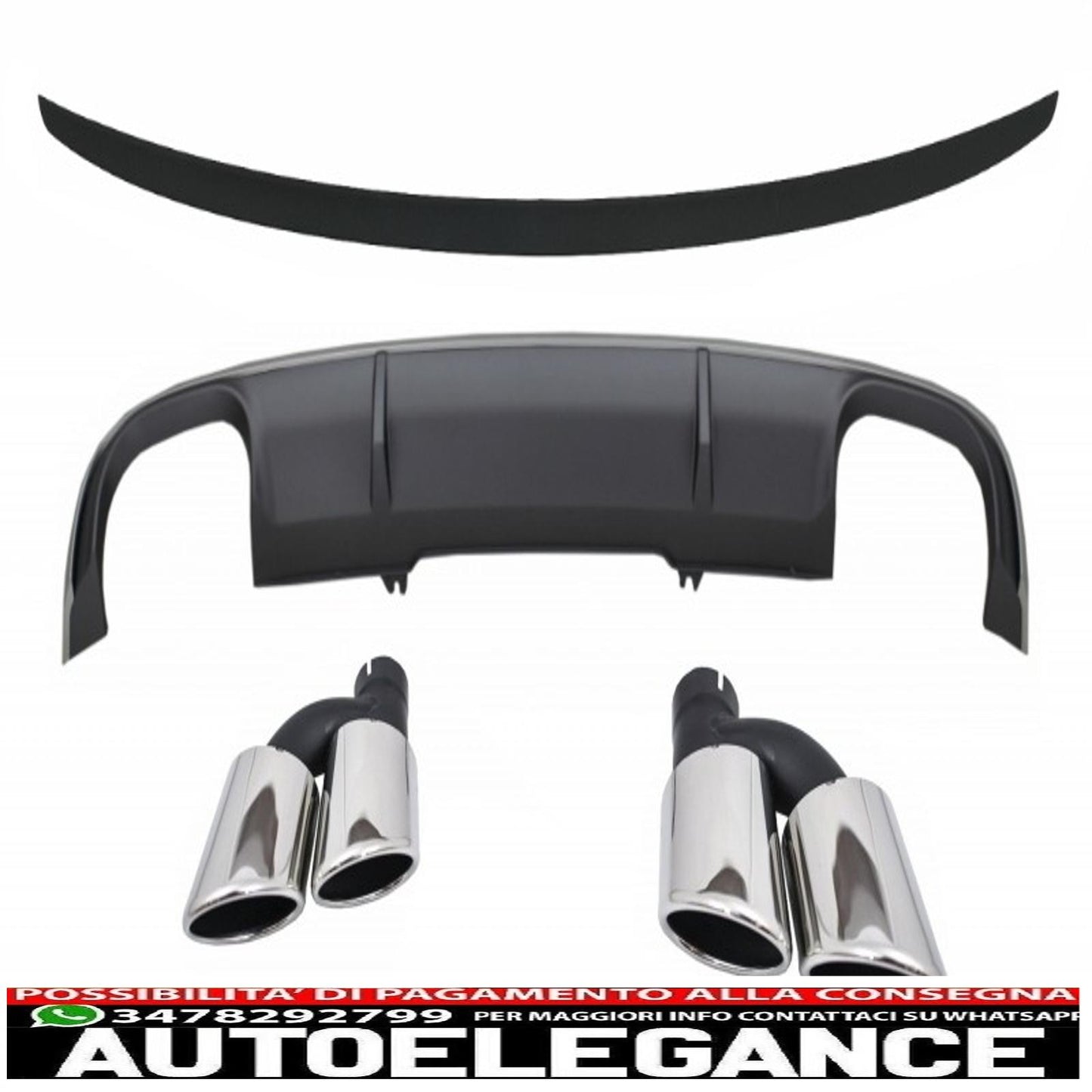 Rear bumper valance diffuser suitable for audi a4 b9 8w sedan avant (2016-2018) with exhaust tips, tailpipes and boot spoiler, s4 design