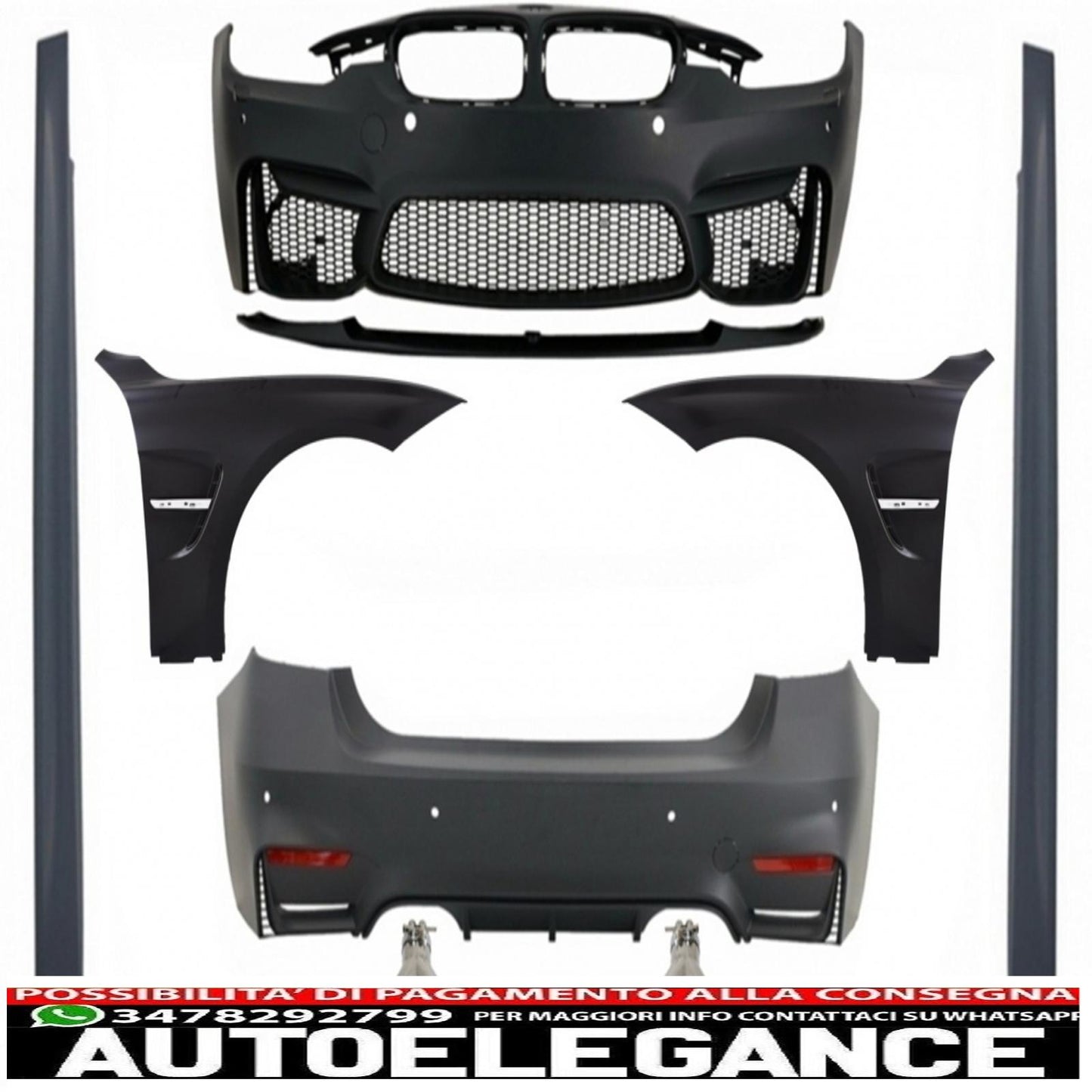 complete body kit suitable for bmw f30 (2011-2019) with front fenders and dual carbon fiber evo ii m3 cs style dual exhaust tips without fog lights 