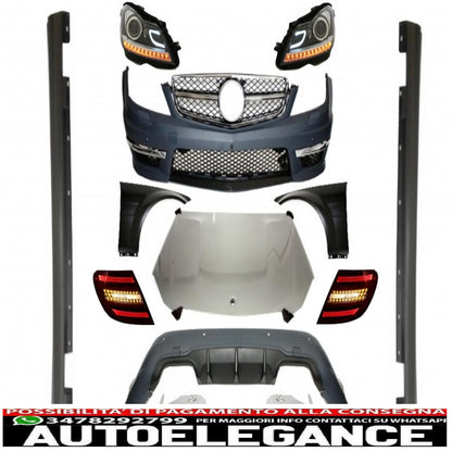 Complete conversion retrofit body kit with lights suitable for mercedes c-class w204 (2007-2014) restyling c63 design 