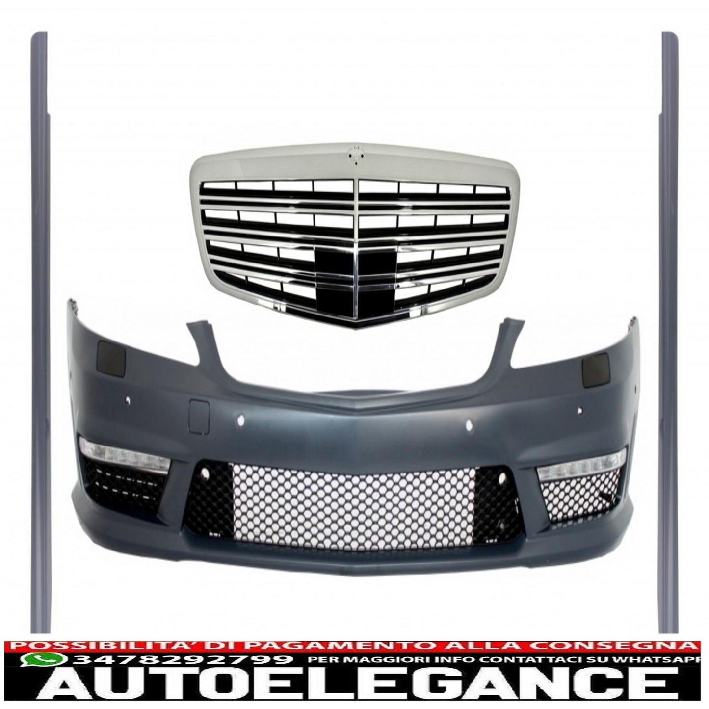 gruppo paraurti anteriore con griglia centrale adatto per mercedes w221 classe s (2005-2010) e minigonne laterali design s63 s65