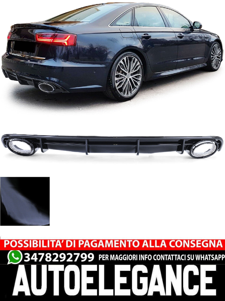 Diffusore Posteriore Sportivo Nero Lucido con Terminali di Scarico Cromato compatibile per Audi A6 C7 4G 14-18