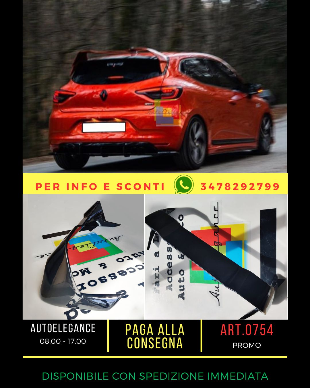 🔥0754 SPOILER CLIO 5 2019+ STANDARD LOOK RS NERO LUCIDO🔥