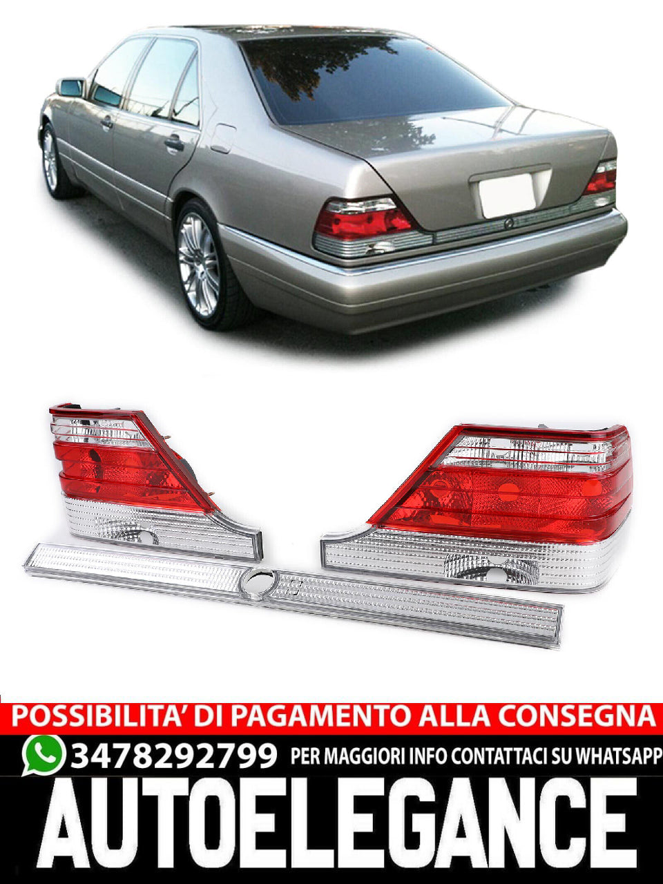 Fanali posteriori in vetro trasparente con striscia di blocco rosso aftermarket compatibile conMercedes S W140 94-98